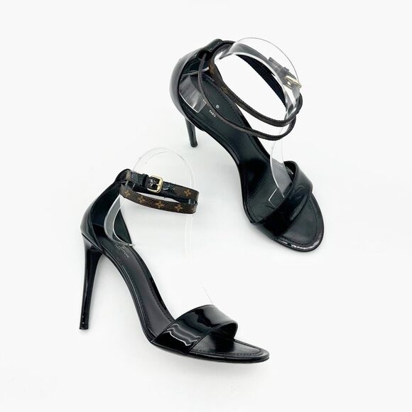 LOUIS VUITTON Fluer Call Back Black Sandal Heels Size 39 Logo Leather Monogram - Picture 1 of 13